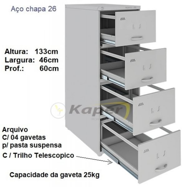 ARQUIVO C / 04 GAVETAS P / PASTA SUSPENSA TELESCOPICO