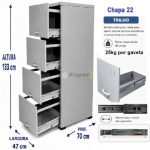 ARQUIVO C / 04 GAVETAS P / PASTA SUSPENSA CHAPA 22 TRILHO TELESCOPICO