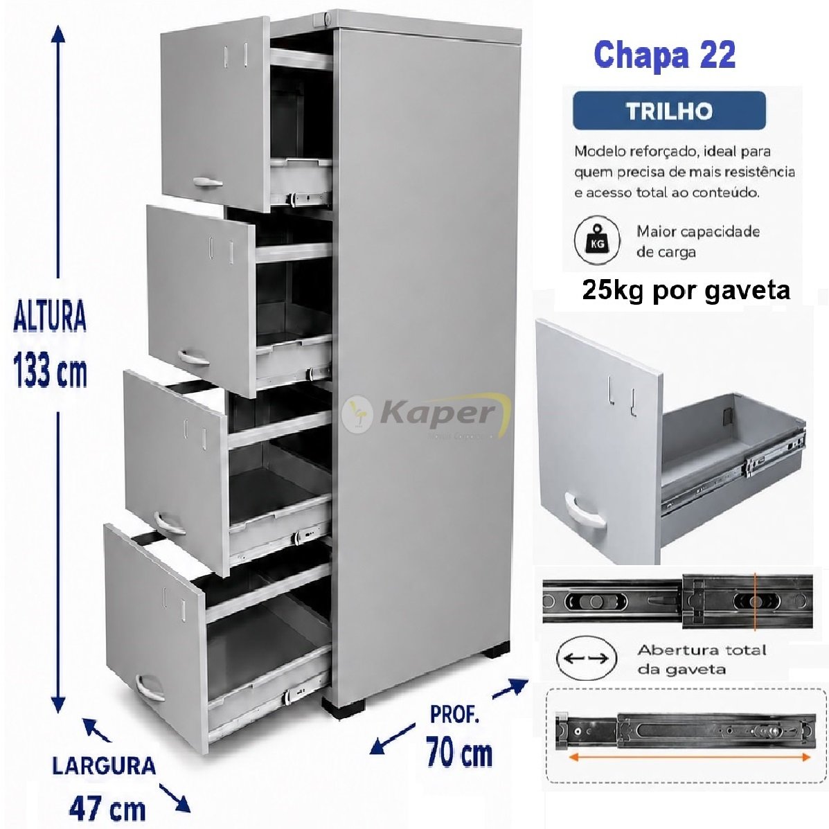 ARQUIVO C / 04 GAVETAS P / PASTA SUSPENSA CHAPA 22 TRILHO TELESCOPICO